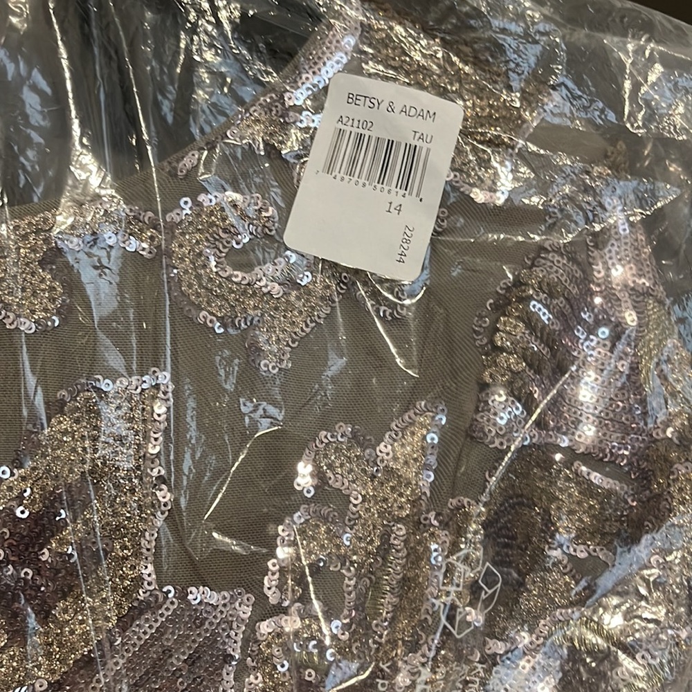 Betsy & Adam Taupe A-Line Gown Size 14 - Picture 3 of 6